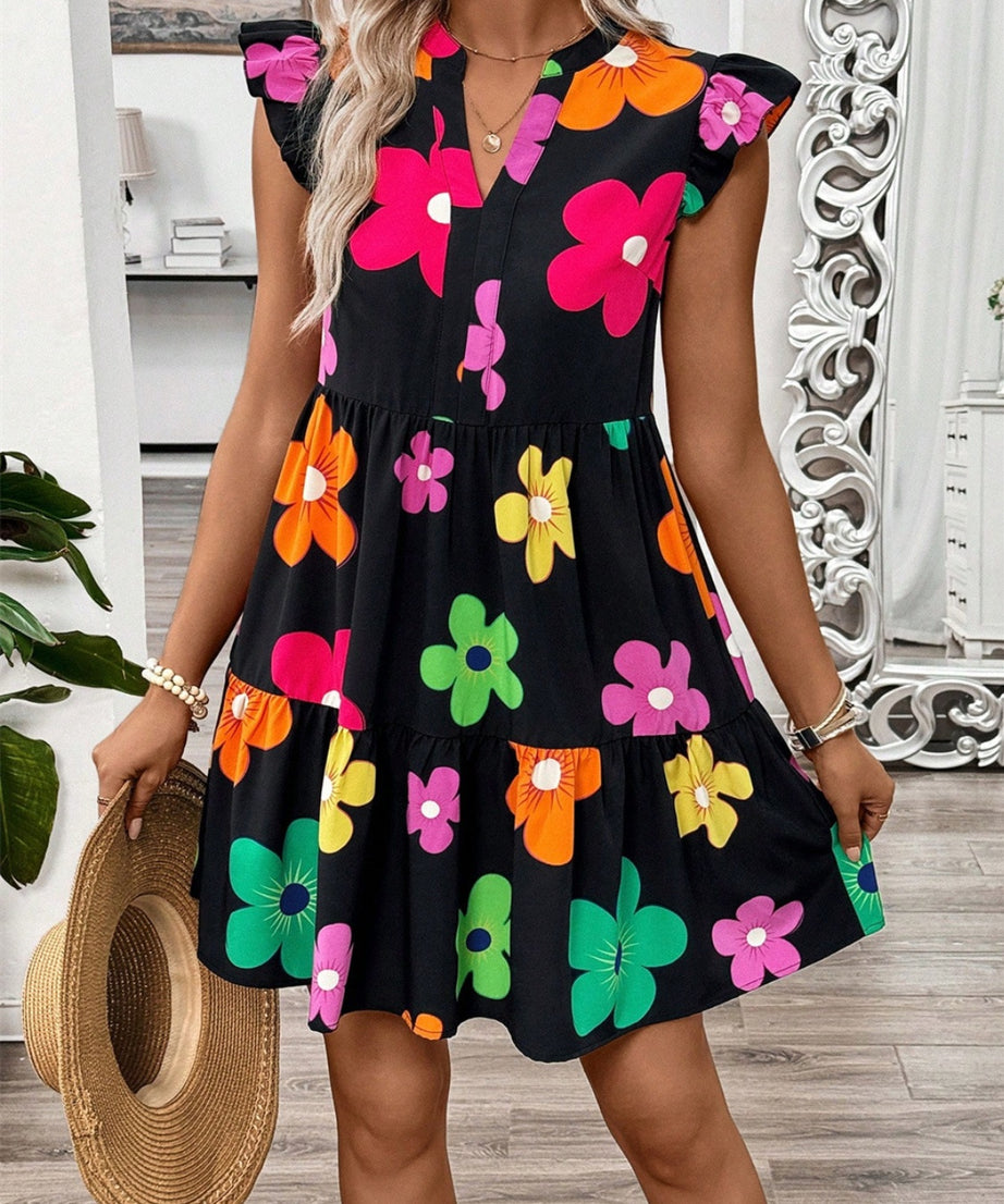 Ruffled Printed Notched Cap Sleeve Dress