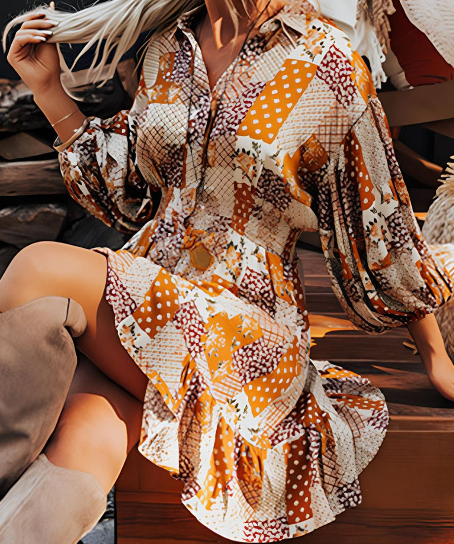 Printed Collared Neck Three-Quarter Sleeve Mini Shirt Dress