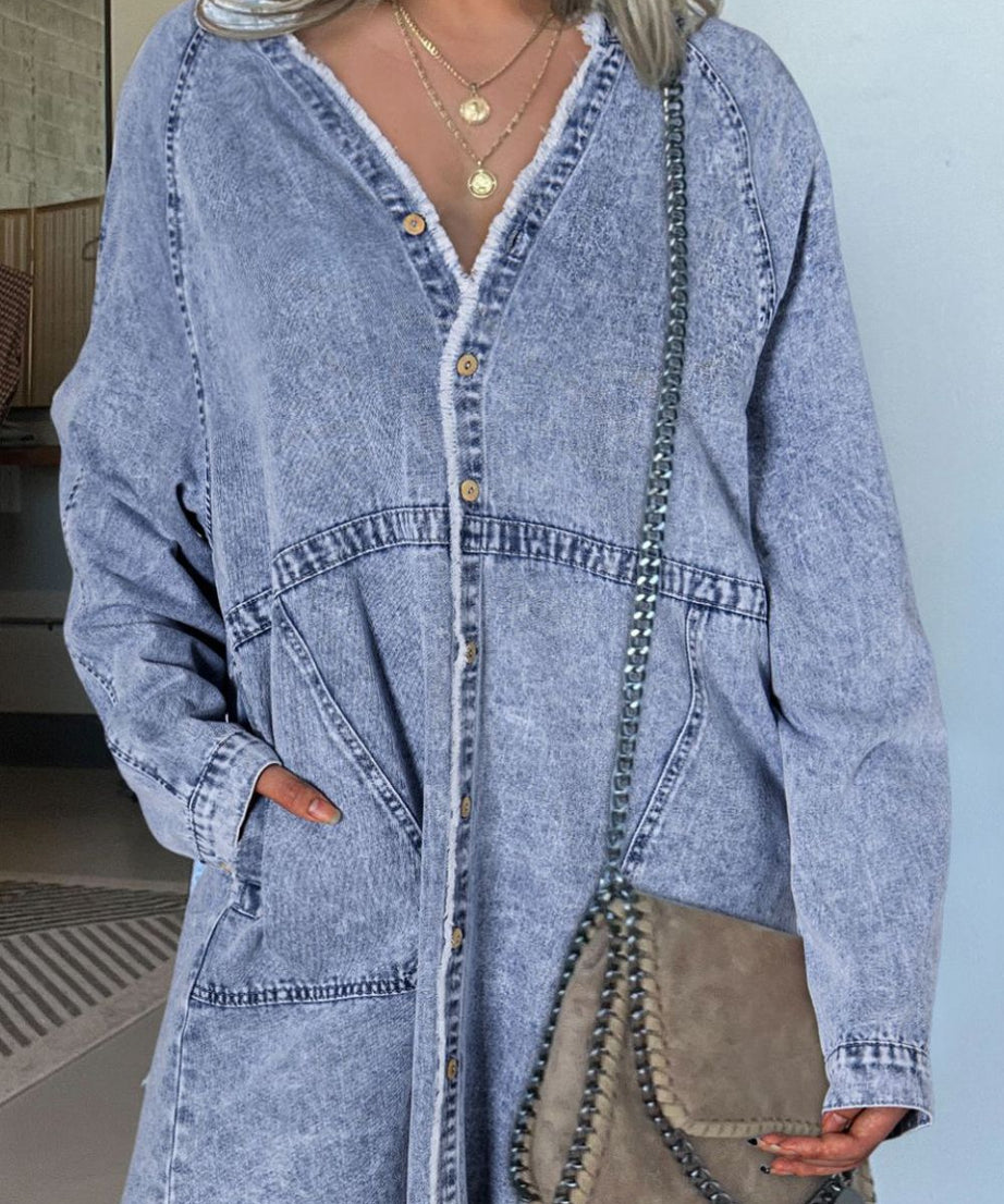 Raw Hem Button Down Long Sleeve Denim Dress