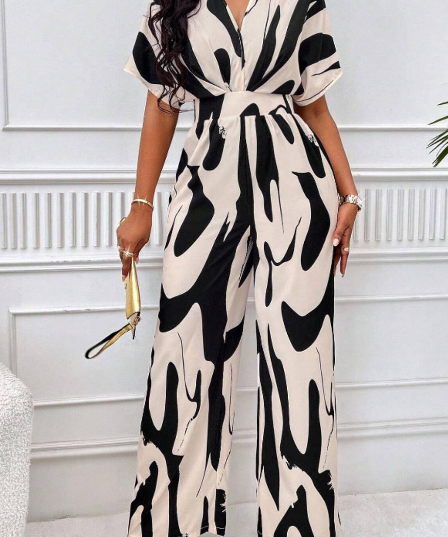 Printed V-Neck Short Sleeve Wide Leg Jumpsuit