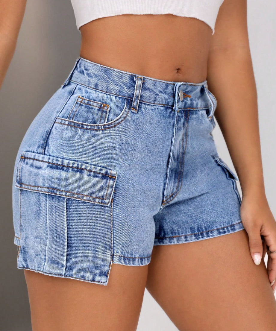 Mid-Rise Waist Denim Shorts with Pockets