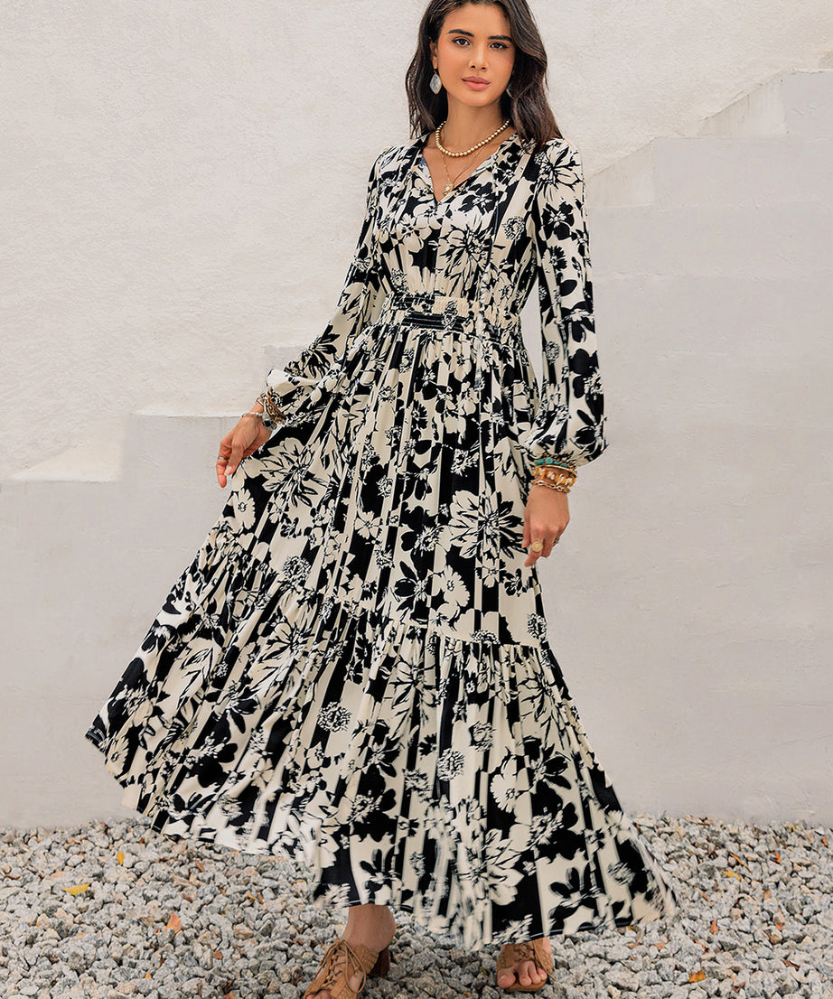 Smocked Printed Tie Neck Long Sleeve Dress