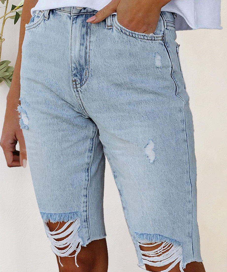 Distressed Raw Hem Denim Shorts