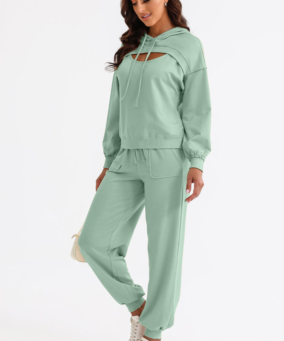 Cutout Drawstring Hoodie and Joggers Active Set