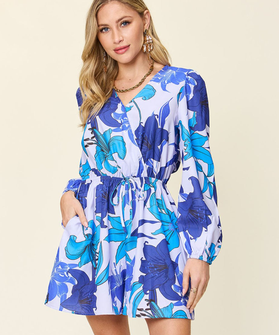 Double Take Full Size Floral Long Sleeve Romper with Pockets