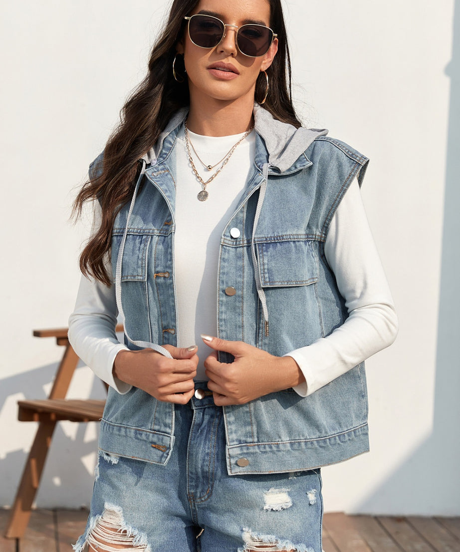 Drawstring Button Up Sleeveless Denim Jacket