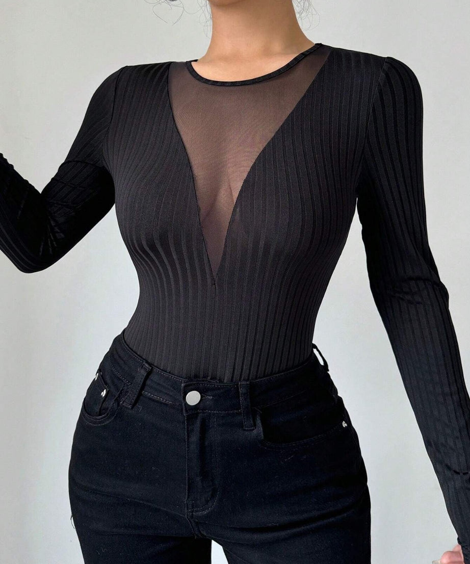 Mesh Detail Round Neck Long Sleeve Top