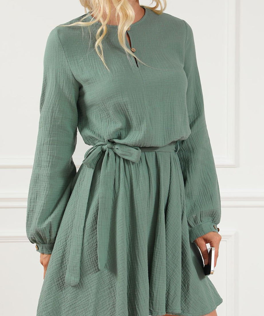 Round Neck Long Sleeve Tie Waist Dress