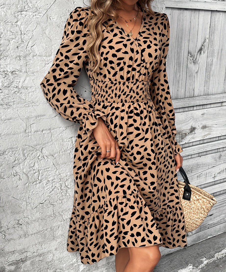 Smocked Printed Surplice Flounce Sleeve Midi Dress