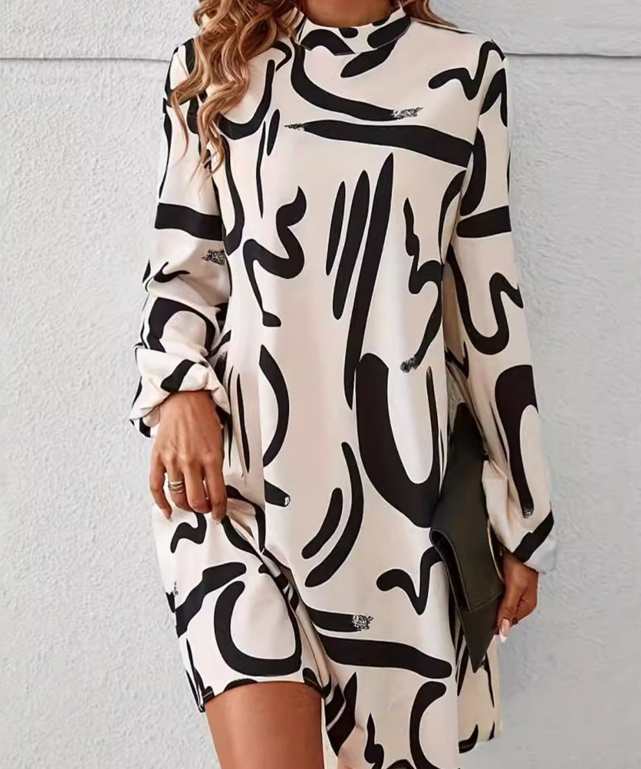 Printed Mock Neck Long Sleeve Mini Dress