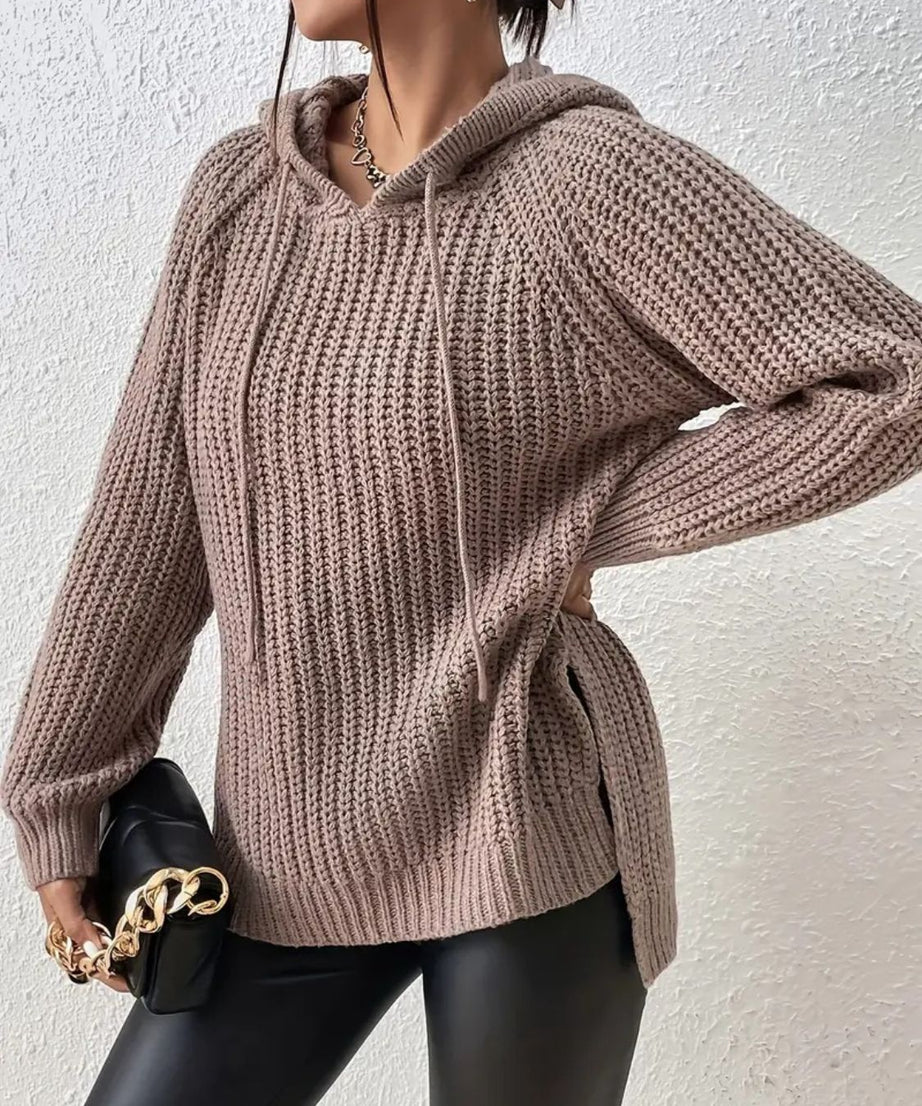 High-Low Side Slit Drawstring Long Sleeve Hooded Sweater