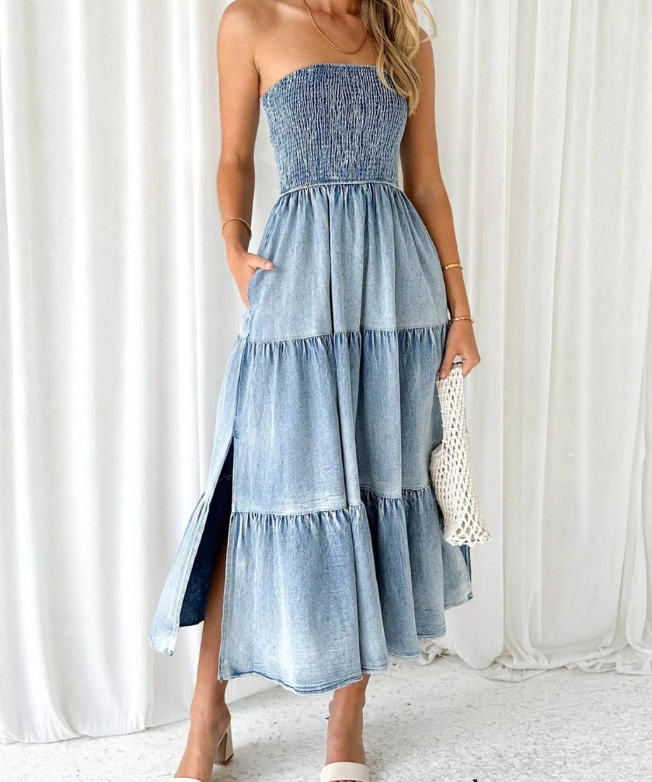 Slit Smocked Tube Tiered Denim Dress