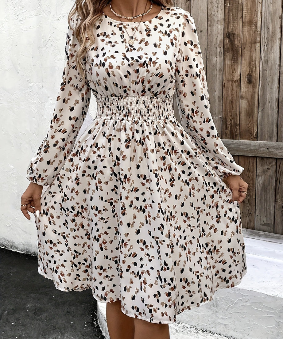 Printed Round Neck Long Sleeve Dress