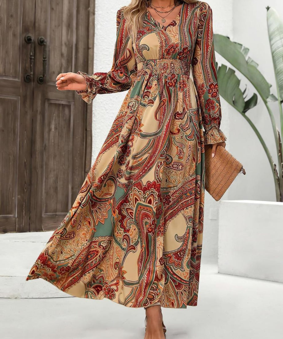 Smocked Printed V-Neck Flounce Sleeve Dress