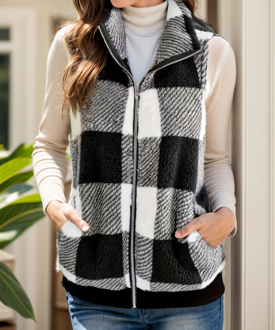 Pocketed Plaid Zip Up Vest Coat