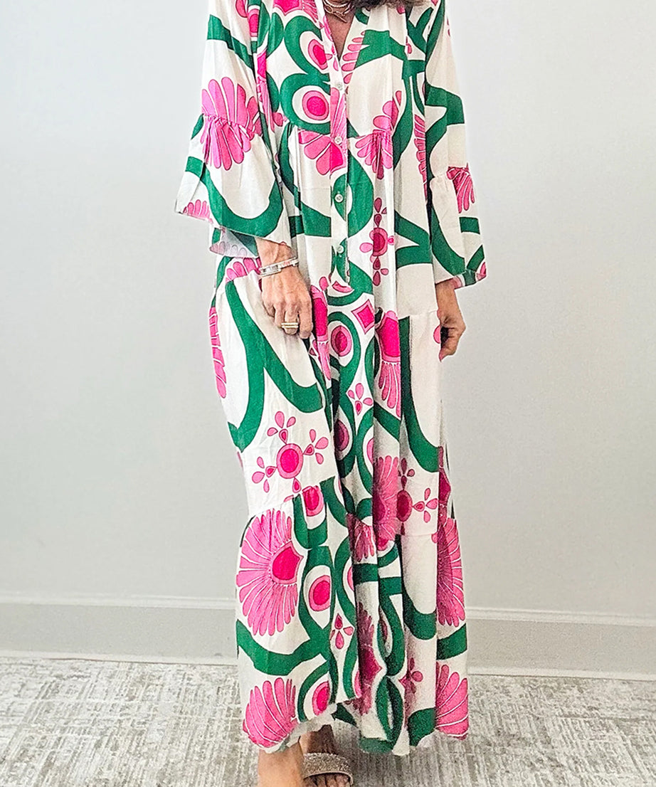 Printed Notched Long Sleeve Maxi Dress