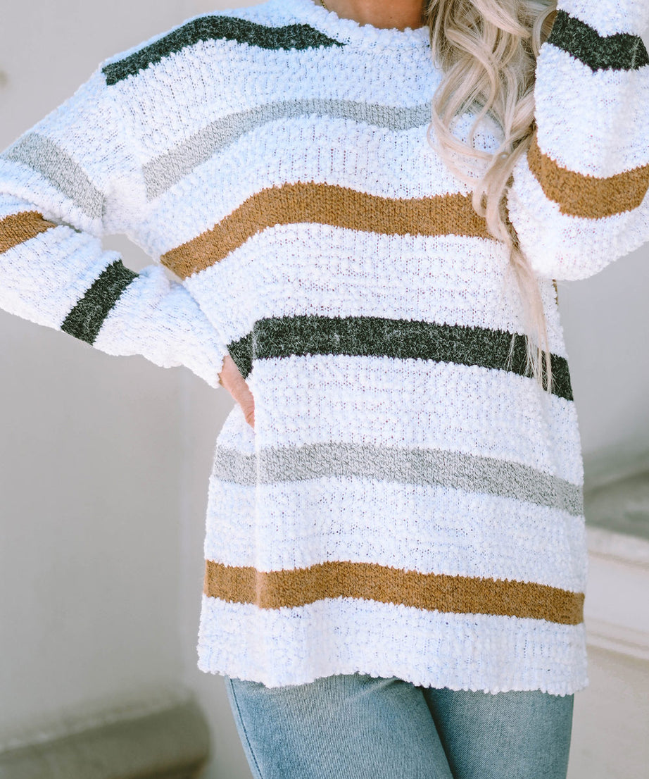 Striped Round Neck Dropped Shoulder Sweater