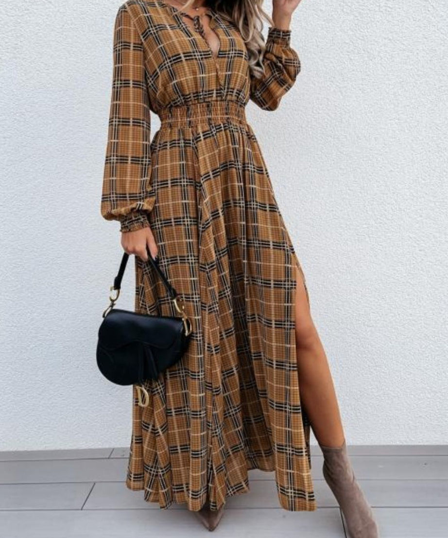 Slit Plaid Tie Neck Long Sleeve Maxi Dress