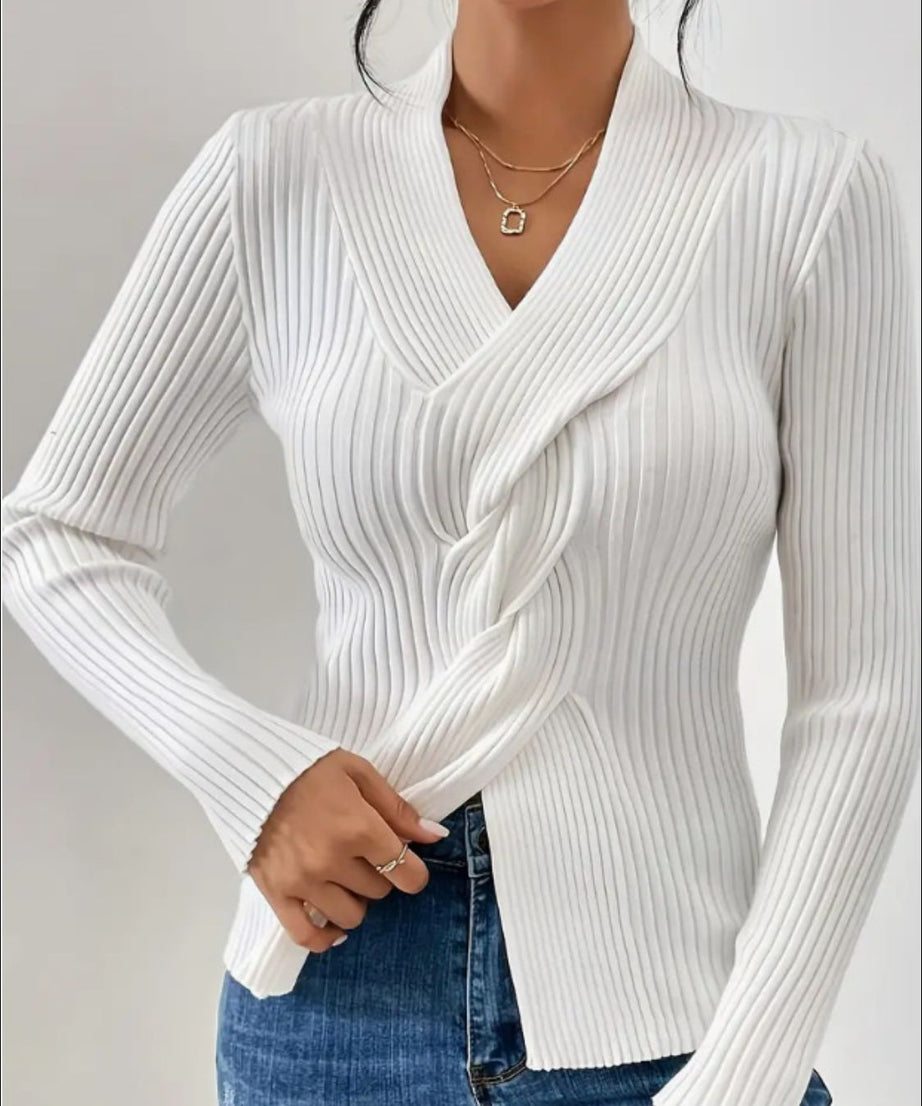 Twist Front Ribbed Long Sleeve Sweater