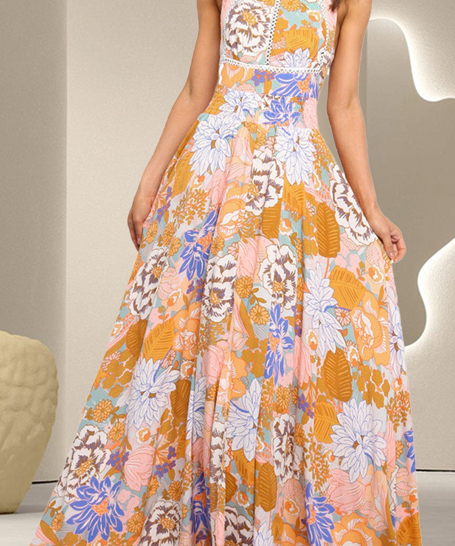 Tied Printed Grecian Sleeveless Maxi Dress