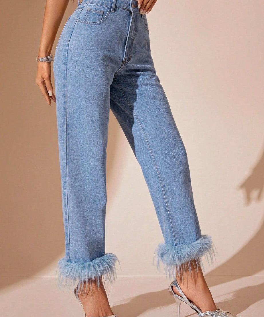 Plush Hem High Rise Straight Jeans