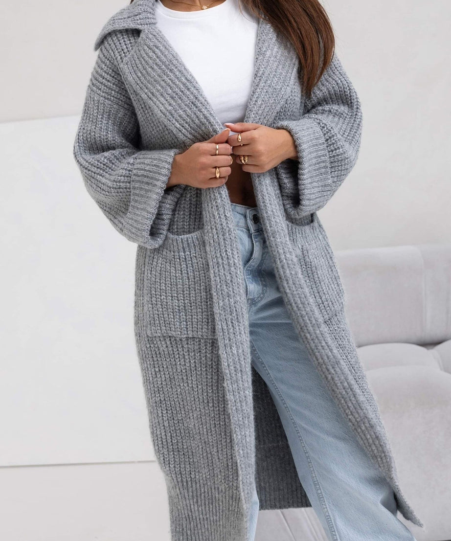 Pocketed Collared Neck Dropped Shoulder Cardigan