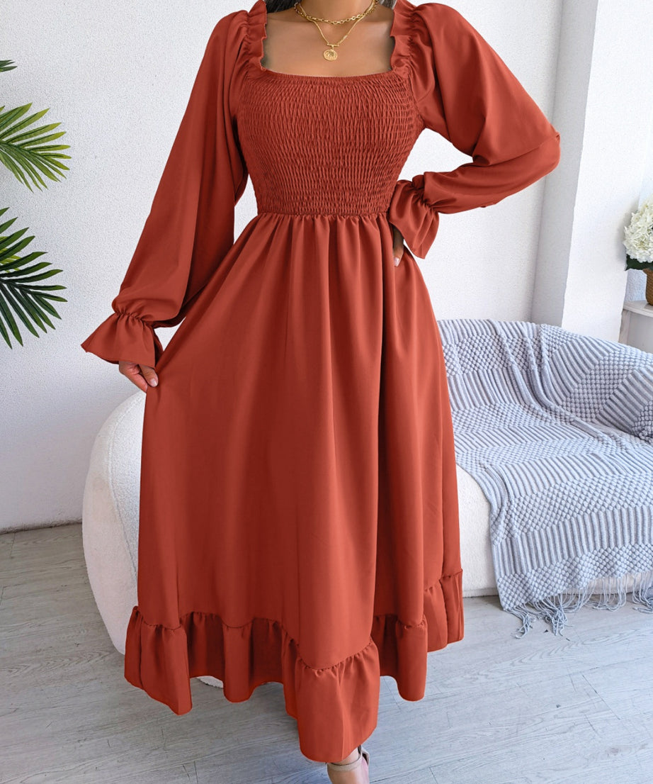 Smocked Square Neck Flounce Sleeve Dress