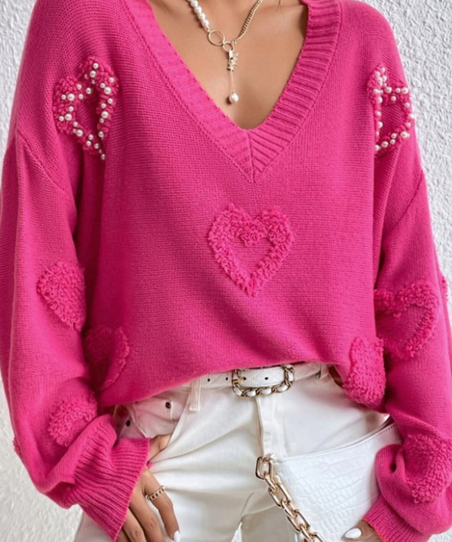 Pearl Trim Heart V-Neck Sweater