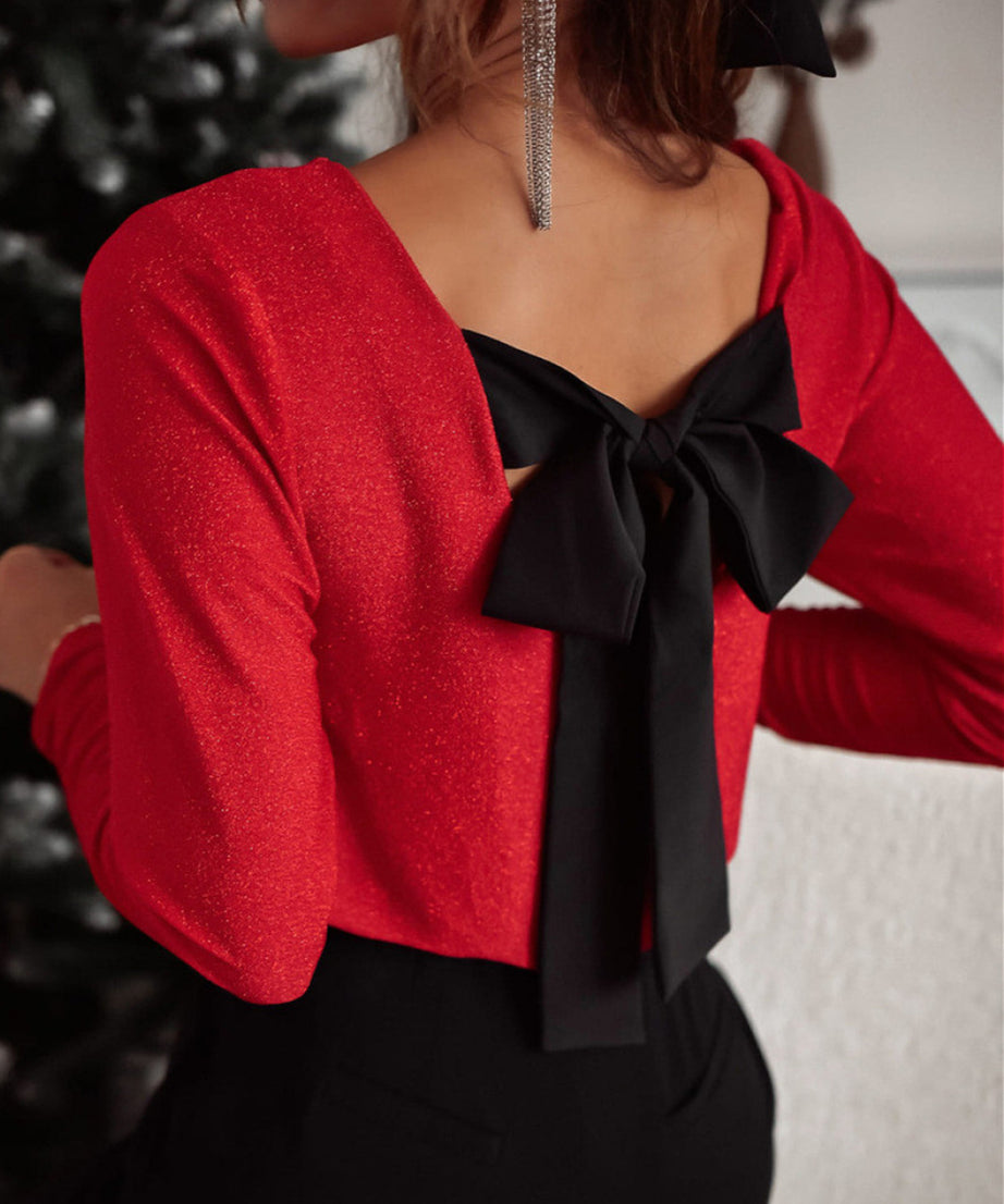 Bowknot V-Neck Long Sleeve Blouse