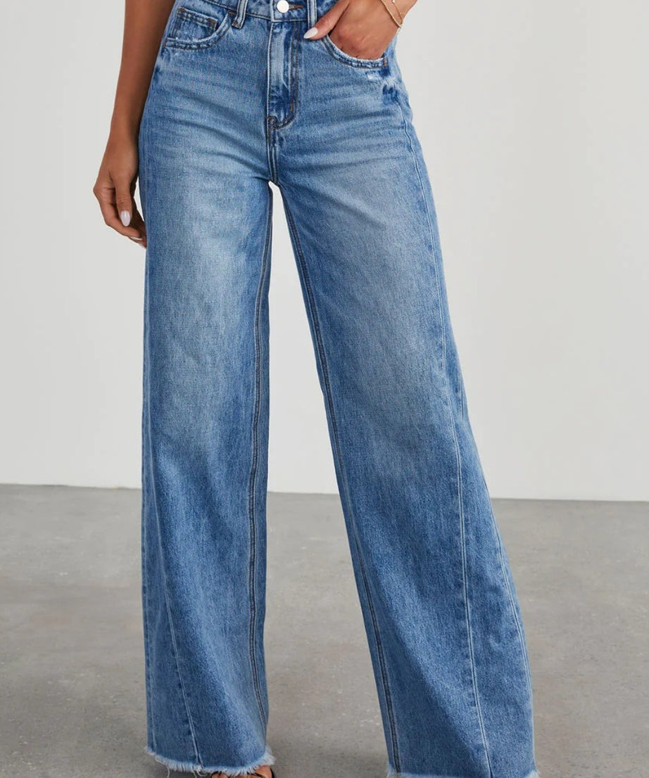 Raw Hem Wide Leg Jeans with Pockets