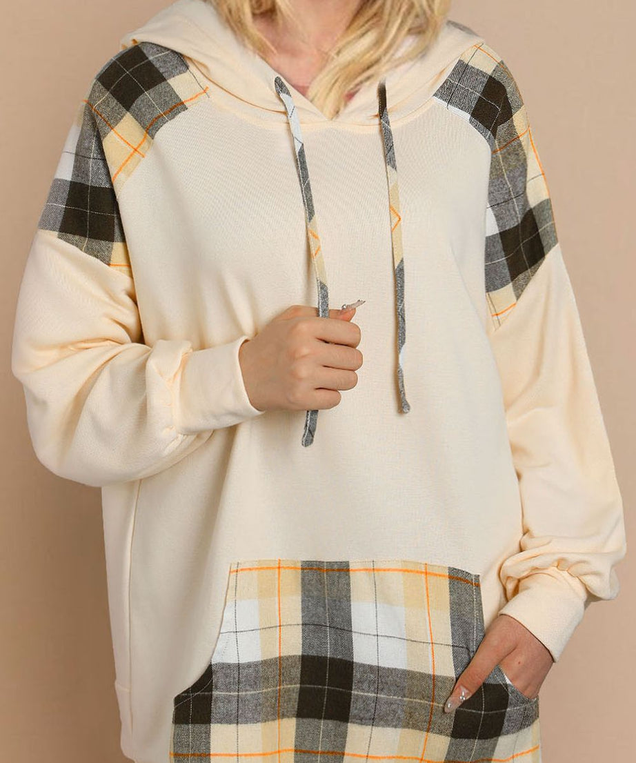 Drawstring Plaid Long Sleeve Hoodie