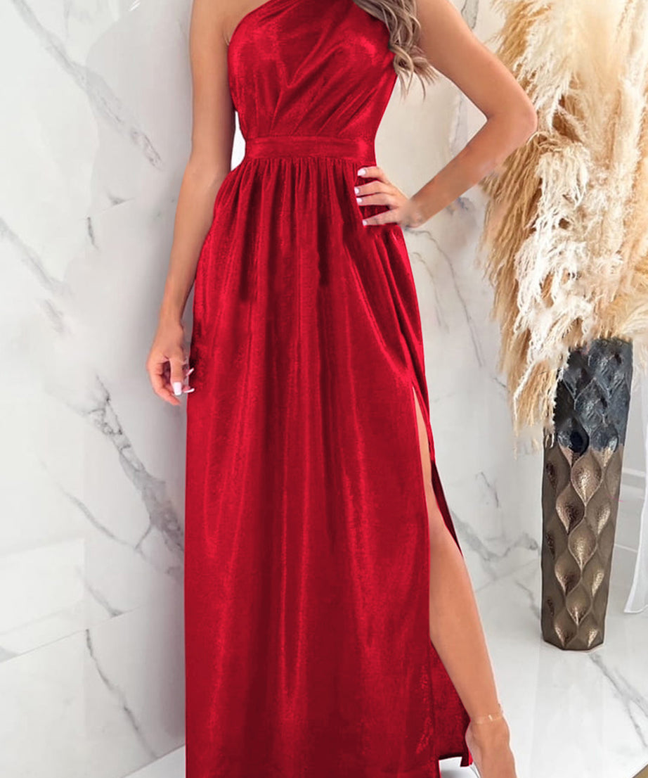 One Shoulder Slit Ruched Maxi Dress