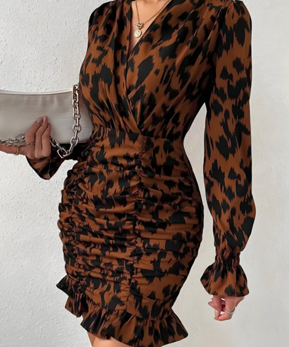 Ruched Ruffled Leopard Surplice Long Sleeve Dress