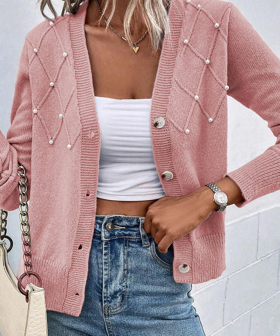 Beaded V-Neck Button Up Long Sleeve Cardigan