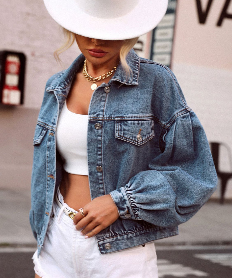 Collared Neck Dropped Shoulder Denim Top