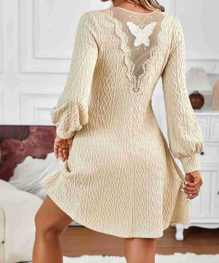 Lace Detail V-Neck Long Sleeve Dress