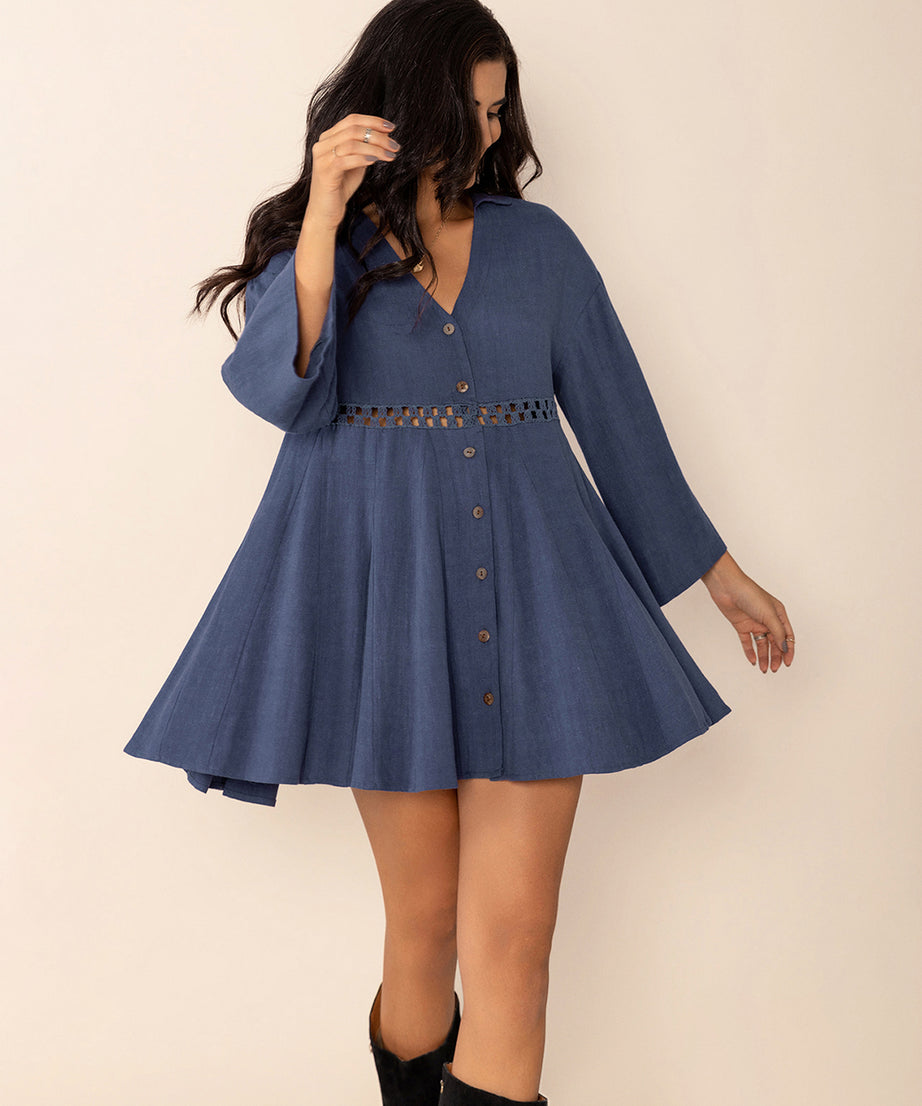 Cutout Johnny Collar Long Sleeve Mini Dress