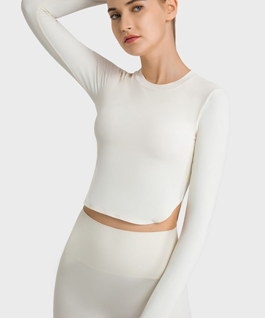 Millennia Side Slit Long Sleeve Round Neck Crop Top