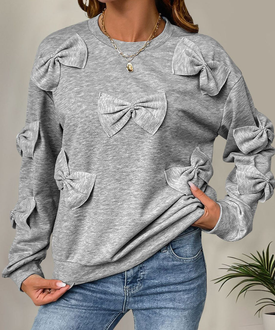 Perfee Bow Round Neck Long Sleeve Sweatshirt