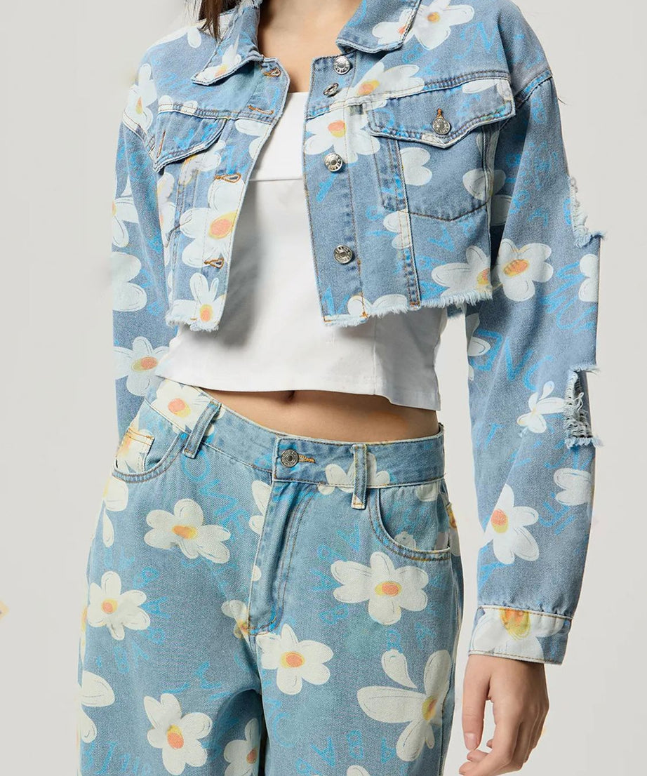 Distressed Raw Hem Floral Collared Neck Denim Top