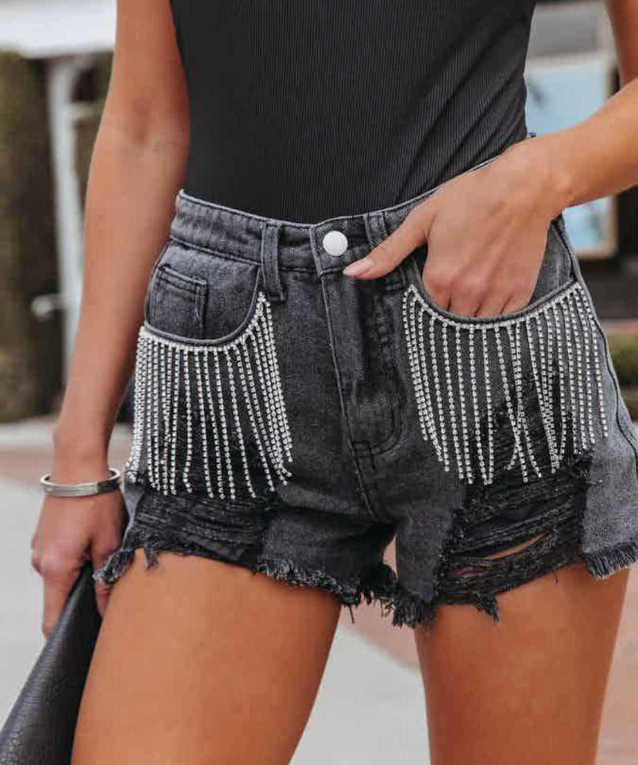 Distressed Fringe Denim Shorts with Pockets