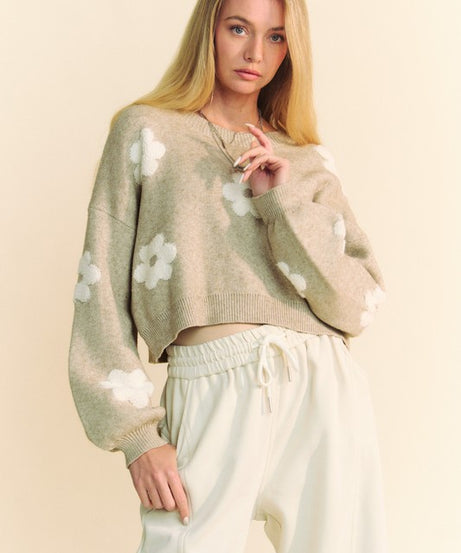 Davi & Dani Floral Drop Shoulder Cropped Sweater