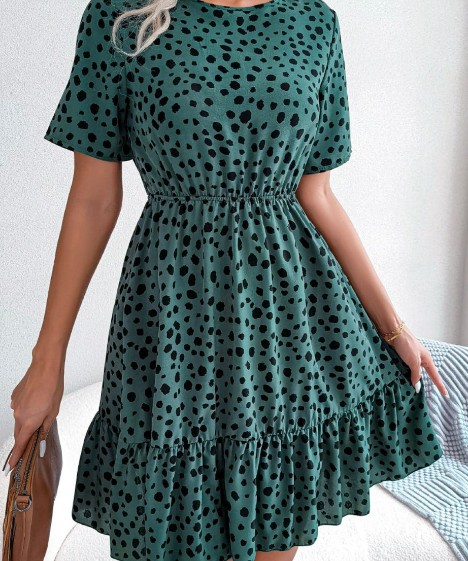 Printed Round Neck Short Sleeve Ruffled Dress