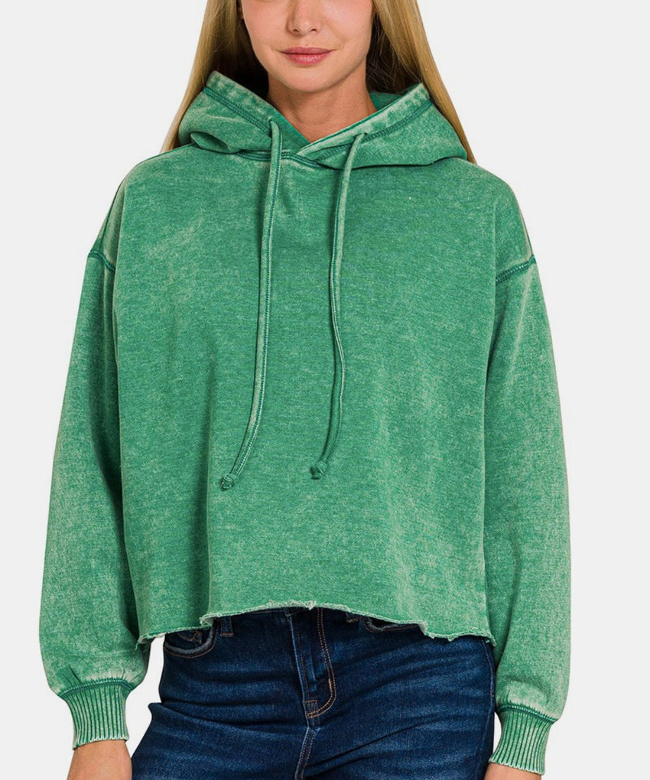 Zenana Acid Wash Fleece Cropped Hoodie