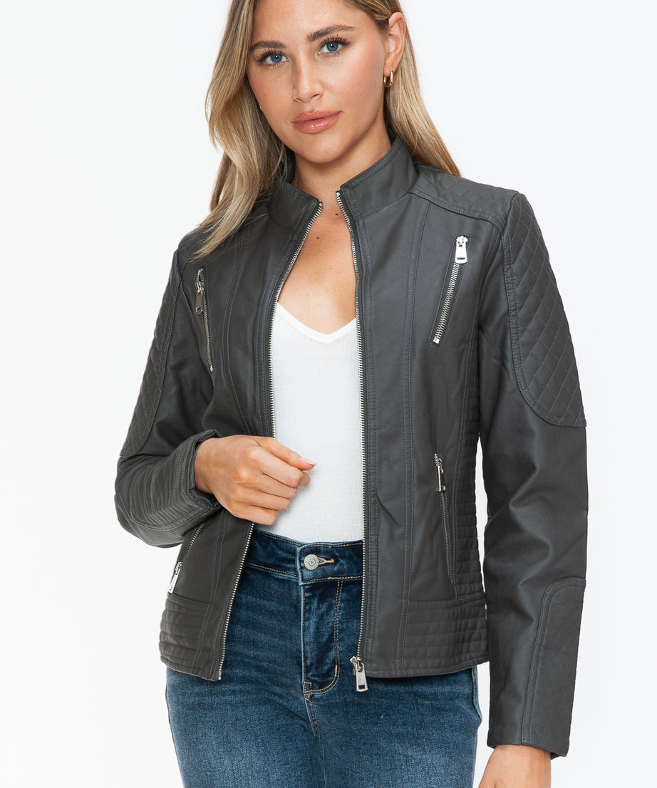 Snobbish Faux Leather Zip Up Mock Neck Jacket