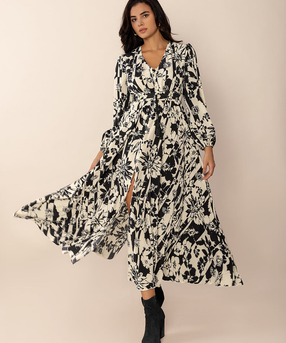 Tied Printed V-Neck Long Sleeve Midi Dress