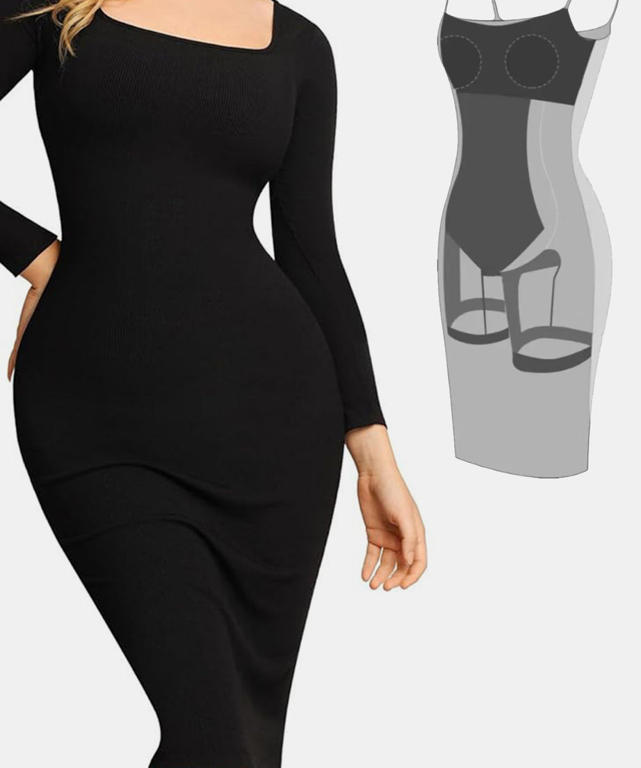 Basic Bae Full Size Built-In Shapewear Square Neck Long Sleeve Dress